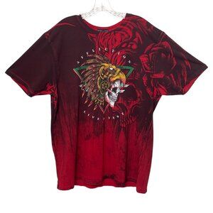 Affliction Black Label 2XL Mens Graphic Tee Red Skull Tribal Design Rhinestones